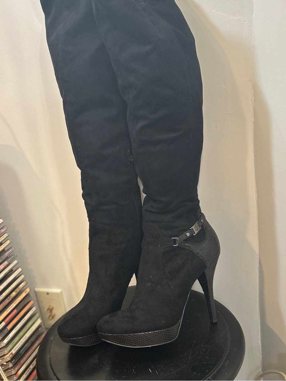 Guess Black Suede Over-the-Knee Platform Stiletto Boots with Textured Heel